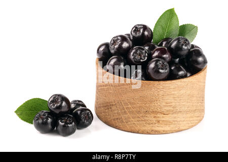 Aronia mit Blatt in Houten auf weißem Hintergrund. Schwarz Aronia Beeren Stockfoto