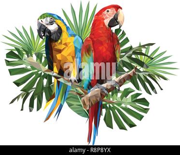 Abbildung polygonalen Zeichnung von Grün und Blau und Gold macaw Vögel mit tropischen Blatt. Stock Vektor