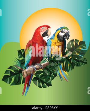 Abbildung polygonalen Zeichnung von Grün und Blau und Gold macaw Vögel mit tropischen Blatt. Stock Vektor