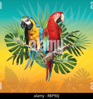 Abbildung polygonalen Zeichnung von Grün und Blau und Gold macaw Vögel mit tropischen Blatt. Stock Vektor