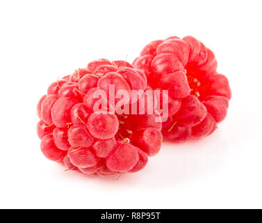 Zwei Himbeeren auf weißem Hintergrund Makro isoliert Stockfoto