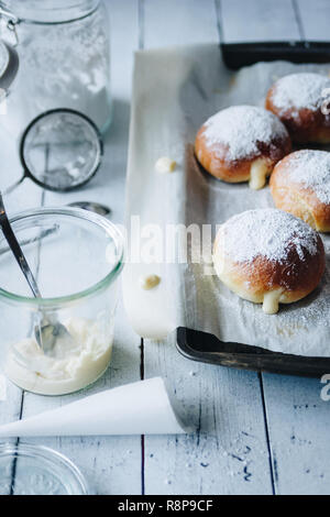 Zu Fasching oder Karneval in Deutschland kommen und eine lustige Party und einige gute gefüllt Kreppel/Berliner/Krapfen genießen. Stockfoto