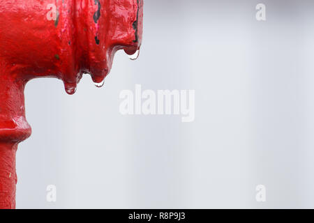 Nahaufnahme einer roten Hydranten mit Wassertropfen. Stockfoto