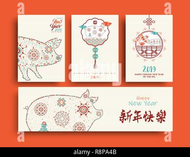 Chinesisches Neues Jahr 2019 Grußkarten-Kollektion. Boho style Abbildung: hog mit Tribal Symbole. Mit Kalligraphie, Schwein bedeutet, Jahreszeiten Grüße Stock Vektor