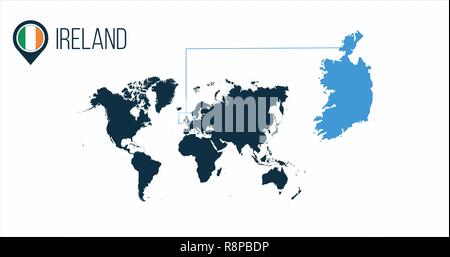 Irland Lage moderne Vektorkarte für Infografiken. Alle Länder der Welt ohne Namen. runde Markierung in der Karte, PIN oder Marker. Vector Illustration auf St Stock Vektor