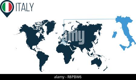 Italien Lage auf der Weltkarte für Infografiken. Alle Länder der Welt ohne Namen. Italien runde Markierung in der Karte, PIN oder Marker. Vector Illustration auf Stock Vektor