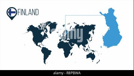 Finnland Standort auf der Weltkarte für Infografiken. Alle Länder der Welt ohne Namen. Finnland runde Markierung in der Karte, PIN oder Marker. Vektor illustratio Stock Vektor