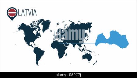 Lettland Position auf der Weltkarte für Infografiken. Alle Länder der Welt ohne Namen. Lettland runde Markierung in der Karte, PIN oder Marker. Vector Illustration Stock Vektor