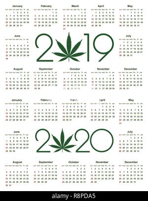 Marihuana Kalender für 2019 und 2020 Jahr. Die medizinische Verwendung von Cannabis. Einfachen Vektor Vorlage. Briefpapier Design Vorlage. Isolierte Vector Illustration auf Weiß Stock Vektor