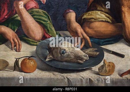 Feldsalat Kopf auf der Platte im Detail aus dem Gemälde "Das letzte Abendmahl dargestellt" durch die italienische Renaissance Malers Jacopo Bassano, auch als Jacopo Dal Ponte (1547-1548) in der Ausstellung "Der Junge Tintoretto" bekannt in den Gallerie dell'Accademia in Venedig, Italien. Die Ausstellung der 500. Jahrestag der Geburt der italienischen Renaissance Maler Tintoretto wird bis zum 5. Januar 2019. Stockfoto