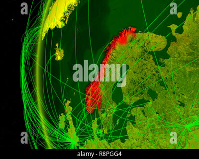 Norwegen von Speicherplatz auf digitale Modell der Erde mit internationalen Netzwerken. Konzept der digitalen Kommunikation oder Reisen. 3D-Darstellung. Elemente dieser Stockfoto