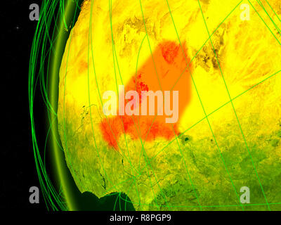Niger aus dem Weltraum auf das digitale Modell der Erde mit internationalen Netzwerken. Konzept der digitalen Kommunikation oder Reisen. 3D-Darstellung. Elemente dieser Stockfoto
