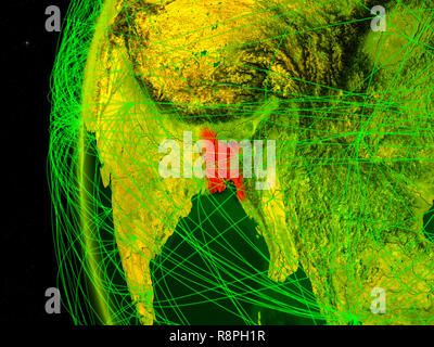Bangladesch aus dem Weltraum auf das digitale Modell der Erde mit internationalen Netzwerken. Konzept der digitalen Kommunikation oder Reisen. 3D-Darstellung. Elemente der Stockfoto