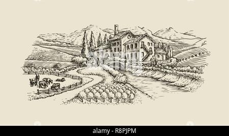 Bauernhof Landschaft, Dorf Skizze. Landwirtschaft, Hand gezeichnet vintage Vector Illustration Stock Vektor