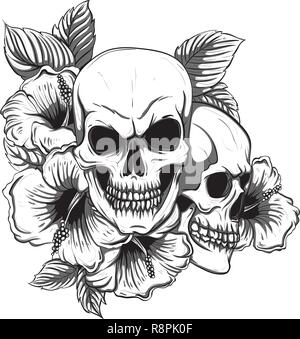 Menschlicher Schädel und Blumenkranz. Los Muertos. Vector Illustration. Stock Vektor