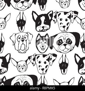 Nahtlose Muster mit Hunderassen. Bulldogge, Husky, Alaskan Malamute, Retriever, Dobermann, Pudel, Mops, Shar Pei, Dalmatinische Stock Vektor