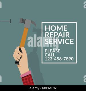 Mann mit dem Hammer und Nagel an der Wand auf grünem Hintergrund isoliert. do it yourself Home Reparatur Konzept. Vector EPS Abbildung 10 mit Kopieren, Fl Stock Vektor