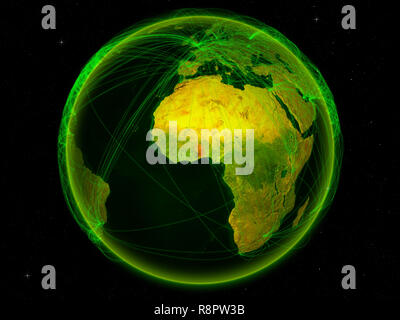 Togo aus dem Weltraum auf dem Planeten Erde mit digitalen Netzwerk für internationale Kommunikation, Technik und Reisen. 3D-Darstellung. Elemente der Thi Stockfoto