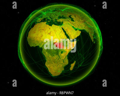 Der Süden des Sudan aus dem Weltraum auf dem Planeten Erde mit digitalen Netzwerk für internationale Kommunikation, Technik und Reisen. 3D-Darstellung. Elemente Stockfoto