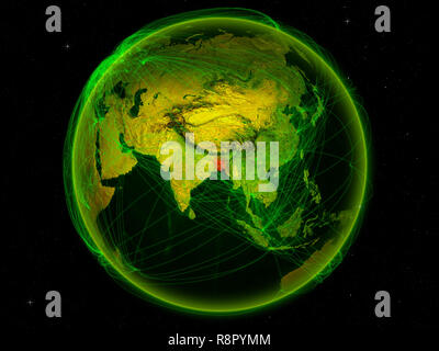 Bangladesch aus dem Weltraum auf dem Planeten Erde mit digitalen Netzwerk für internationale Kommunikation, Technik und Reisen. 3D-Darstellung. Elemente Stockfoto