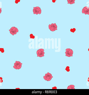 Nahtlose Muster rot Herzen und Rosen Blumen auf weißem Hintergrund. Valentines Tag cute Blumendruck, girly süße Motiv für die Wand aus Papier oder Textilien Stockfoto