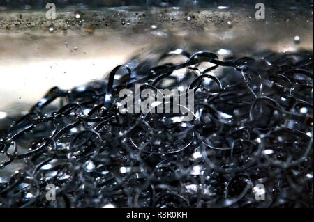 Makro Bild der Reinigung Stahlwolle, Schwamm Stahl unter Wasser mit Luftblasen. Stockfoto