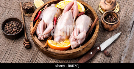 Frische rohe Wachteln und Zutaten in Fach auf dem Küchentisch Stockfoto