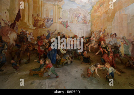 Italien, Piemont, Lago d'Orta, Orta San Giulio, der Sacro Monte, der Hl. Franziskus von Assisi über 20 Kapellen, die mit Fresken und mit überraschenden terra cotta Statuen in Lebensgröße, unter Sacri Monti im Piemont und der Lombardei listes als Weltkulturerbe von der UNESCO, Kapelle 16, Saint Francis, die sehr krank, kommt zurück nach Assisi kurz vor seinem Tod eingerichtet, Skulpturen von dionigi Bussola Stockfoto