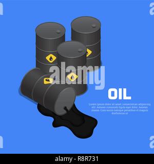 Behälter mit Öl. Der liegende Zylinder mit verschütteter Flüssigkeit. Ein Vektor Illustration in isometrischer 3D-Stil. Stock Vektor