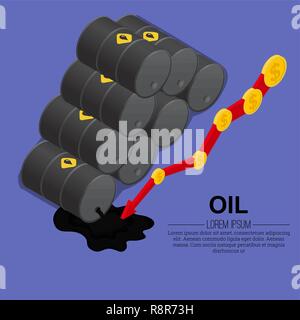 Behälter mit Öl. Der liegende Zylinder mit verschütteter Flüssigkeit. Zeitplan der Rückgang der Öleinnahmen. Ein Vektor Illustration in isometrischer 3D-Stil. Stock Vektor