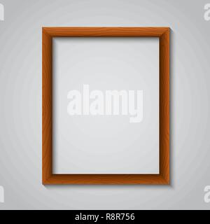 Holz- photoframe vor dem Hintergrund einer grauen Wand mit einem realistischen Schatten. Ein leerer Platz für den Text ist, eine Fahne, eine Vorlage. Vector Illustration Stock Vektor