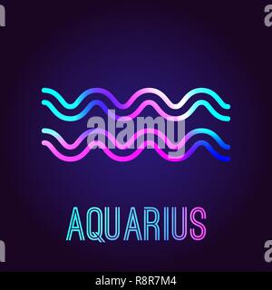Wassermann, Sternzeichen. Die neon-bunt leuchtenden Schriftzug auf einem dunkelblauen Hintergrund. Astrologische Tierkreis Symbol. Vector Illustration. Stock Vektor