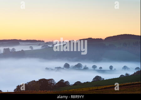 An der Grenze zwischen England und Wales in der Nähe von Knighton, Powys, UK. Abendlicher Blick nach Westen von Stonewall Hügel, die die Täler mit dichten Nebel gefüllt Stockfoto