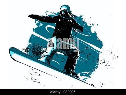 Silhouette der Snowboarder isoliert springen. Hintergrund und Text auf einem separaten Layer, Farbe kann mit einem Klick geändert werden. Abbildung Stockfoto