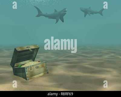 3d-Haie schweben über einer Box mit Schätzen Stockfoto