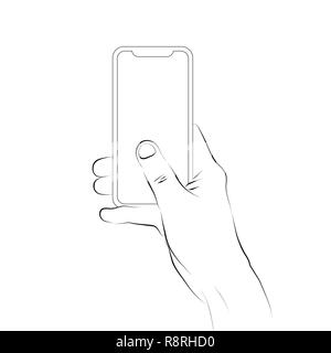 Hände halten ein Smartphone mit leerer Bildschirm und moderner Rahmen weniger Design Stock Vektor