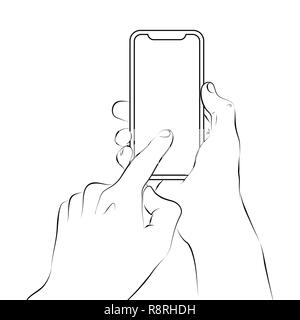 Hände halten ein Smartphone mit leerer Bildschirm und moderner Rahmen weniger Design Stock Vektor