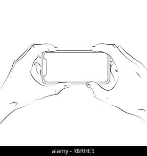 Hände halten ein Smartphone mit leerer Bildschirm und moderner Rahmen weniger Design Stock Vektor