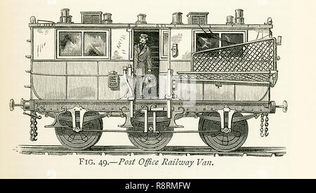 Diese Abbildung stammt aus dem Jahr 1870 und zeigt eine gut gestaltete Reisen Post. In solchen Transporter, die hier vertreten sind während der Reise sortiert, und zu diesem Zweck die Einrichtung ist mit einem Zähler und mit Taube - Löcher von Ende zu Ende. Wenn der Zug Beutel hält, können natürlich auch entfernt werden aus der oder in die Van in der gewöhnlichen Weise empfangen; aber durch einen einfachen Mechanismus Beutel kann an einer Station und andere oben genommen, während der Zug seine Fahrt mit voller Geschwindigkeit weiter geliefert werden. Eine Bar ist von der Seite des Schlittens zu Projekt, und auf diesem die Tasche ist von hoo Hung Stockfoto