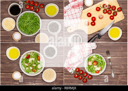 Rezept Schritt für Schritt Rucola Salat Collage auf Holz Stockfoto