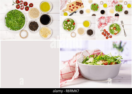 Collage Rezept Schritt für Schritt Rucola Salat auf weißem Holz Stockfoto