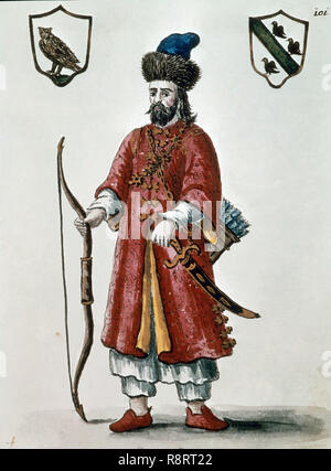 Porträt von Marco Polo (1254-1324), venezianischer Explorer und Trader, gekleidet wie ein Tatar. 18. Gravur. Venedig, Museum Correr. Lage: Museo Correr. Venedig. ITALIA. Stockfoto