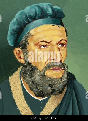 Marco Polo (1254-1324). Italienische Kaufmann, Explorer und Schriftsteller. Porträt. Aquarell von Francisco Fonollosa, Spanisch Illustrator (Ende 20. Jahrhundert). Stockfoto