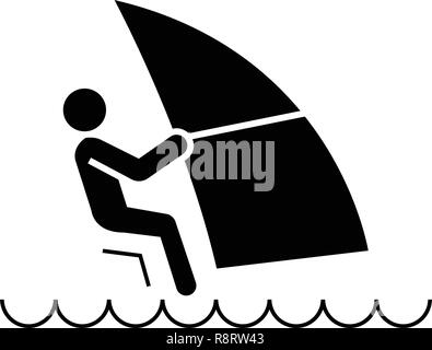 Windsurfen schwarz Vektor Konzept Symbol. Windsurfen flachbild Illustration, Zeichen Stock Vektor