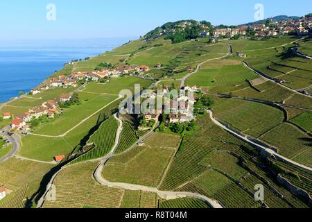 Schweiz, Kanton Waadt, Genfer See, Bezirk Lavaux Oron, terrassierten Weinbergen, Welterbe der UNESCO, Puidoux, Chexbres im Hintergrund (Luftbild) Stockfoto