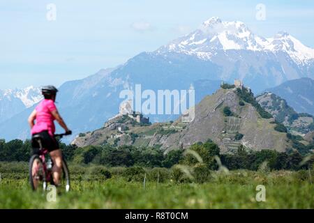 Schweiz, Kanton Wallis, Sion, Radweg entlang der Rhone, Schloss Tourbillon (13.) und der Basilika Unserer Lieben Frau von Valère (13.) auf dem Hügel im Hintergrund Stockfoto