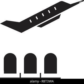 Flughafen Warteraum schwarz Vektor Konzept Symbol. Flughafen warten Zimmer Wohnung Abbildung, Zeichen Stock Vektor