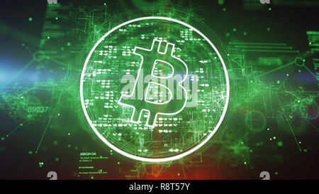 Cyber 3d-Abbildung eines bitcoin Zeichen setzen in einem schimmernden Kreis mit viele helle Flecken im grünen Hintergrund. Es sieht innovative und optimistisch Stockfoto