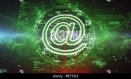 Innovative 3D-Darstellung eines grünen mailsign Cpu Mit leuchtende Pixel direkt in den dunkelgrünen Hintergrund. Es hat ein Netzwerk von crissc advamced Stockfoto