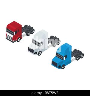 Eingestellt von Lastwagen oder Anhänger in einer isometrischen Ansicht. Behälter für den Transport. Lieferung von Fracht. Rot, Weiß und Blau. Vector Illustration Stock Vektor